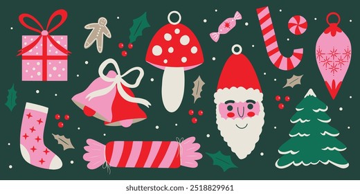 Weihnachtsvektor-Flachbild-Zeichentricksatz mit Winterferien-Dekorationen Designelemente, festliches Ornament, Weihnachtsbaumkugeln, Weihnachtsmäntel, Socken, Mistel, Geschenkbox, Glocke, Retro-Aufkleber-Kollektion