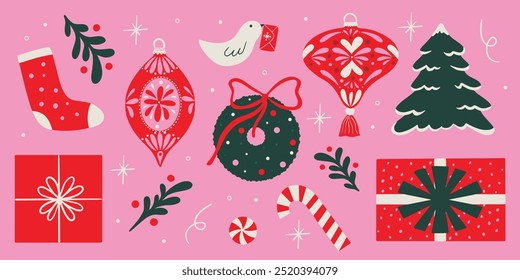 Christmas vector flat cartoon illustration set with winter holiday decorations design elements, festive ornament, xmas bauble, mistletoe, socks, candy cane, gift box, toys, retro sticker collection