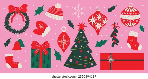 Christmas vector flat cartoon illustration set with winter holiday decorations design elements, festive ornament, bauble, Xmas tree, socks, fir wreath, gift box, hanging toys, retro sticker collection