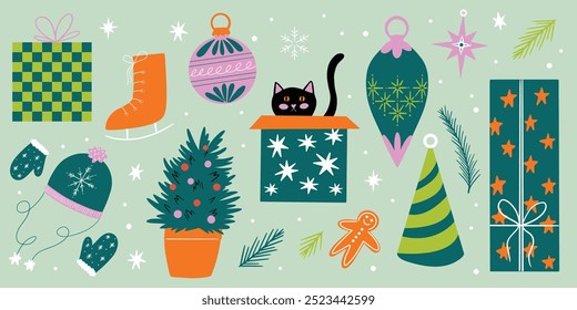 Christmas vector flat cartoon illustration set with winter holiday decorations design elements, festive ornament, xmas bauble, mistletoe, lantern, tree, gift box, cat, toys, retro sticker collection