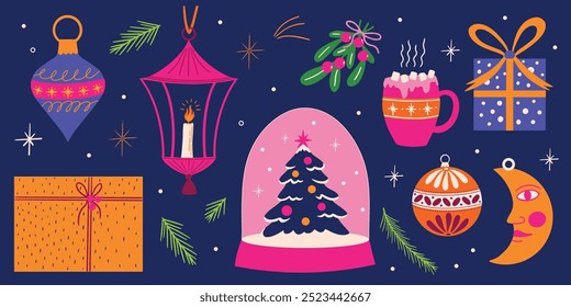 Christmas vector flat cartoon illustration set with winter holiday decorations design elements, festive ornament, xmas bauble, mistletoe, snow ball, lantern, gift box, toys, retro sticker collection