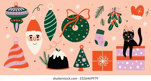 Vetor de Natal plano desenho animado conjunto de ilustração, elementos de design de decorações de férias de inverno, ornamento festivo, xmas bauble, visco, Papai Noel, coroa, presente, brinquedos, coleção de adesivo groovy retro