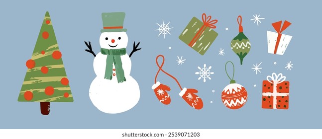 Vetor de Natal plano ilustração de desenho animado conjunto com elementos de design de decorações de férias de inverno