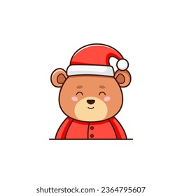 Christmas vector flat illustration in cartoon style with cute brown bear dressed in Santa Claus suit