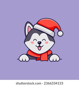 Christmas vector flat illustration in cartoon style with cute husky dog wearing Santa Claus hat