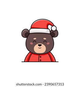 Christmas vector flat illustration in cartoon style with cute black bear dressed in Santa Claus suit