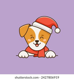 Christmas vector flat illustration in cartoon style with cute jack russell terrier dog wearing Santa Claus hat