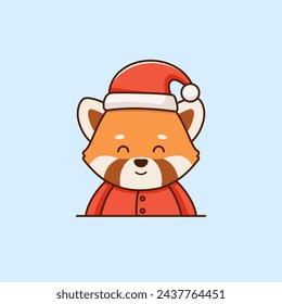 Christmas vector flat illustration in cartoon style with cute red panda dressed in Santa Claus suit