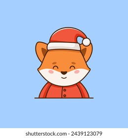 Christmas vector flat illustration in cartoon style with cute little fox dressed in Santa Claus suit
