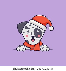 Christmas vector flat illustration in cartoon style with cute dalmatian dog wearing Santa Claus hat