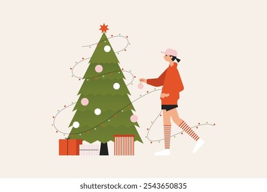 Christmas vector flat illustration. Group of people carrying Christmas gifts and decorating Christmas tree. Friends celebrate New Year. Winter holidays. Vector illustration in flat cartoon style.