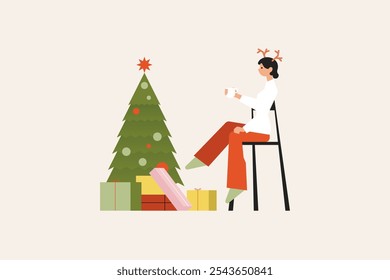 Christmas vector flat illustration. Group of people carrying Christmas gifts and decorating Christmas tree. Friends celebrate New Year. Winter holidays. Vector illustration in flat cartoon style.