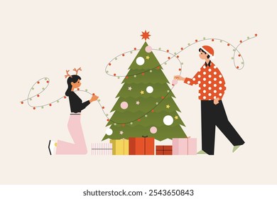 Ilustração plana do vetor de Natal. Grupo de pessoas carregando presentes de Natal e árvore de Natal de decoração. Amigos comemoram o Ano Novo. Feriados de inverno. Ilustração vetorial em estilo de desenho animado plano.