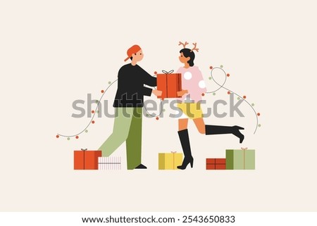 Christmas vector flat illustration. Group of people carrying Christmas gifts and decorating Christmas tree. Friends celebrate New Year. Winter holidays. Vector illustration in flat cartoon style.