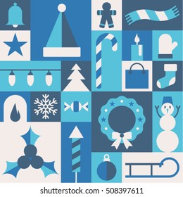 Christmas, vector flat illustration, icon set: bell, star, hat of Santa Claus, cookie, scarf, mitten, candle, present, sock, cane, tree, garland, fireplace, snow, candy, wreath, snowman, holly, ball