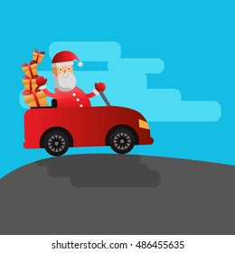 Christmas vector flat illustration with santa riding the car