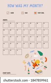 Christmas vector flat mood tracker for the month with set of elements for Christmas decor. Beautiful mood tracker. Merry Christmas and Happy New Year. Santa Claus, Christmas tree, toys. Happy holidays
