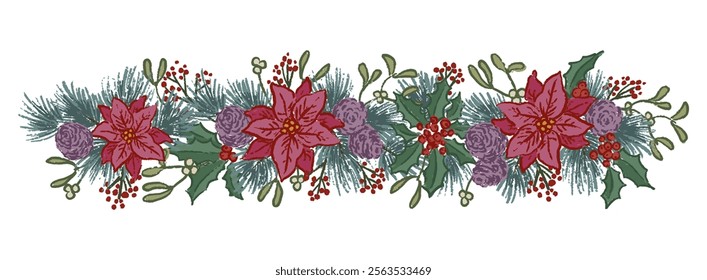 Christmas vector floral arrangement of spruce, pine cones, poinsettia, mistletoe, holly and red berries