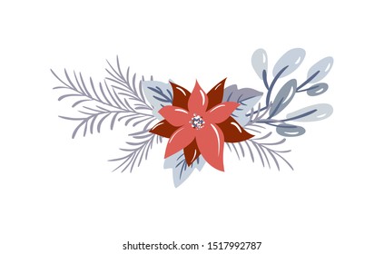 Christmas vector floral bouquet with berries and fir branches with place for text. Isolated xmas illustration for winter greeting card design, divider