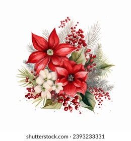 Christmas vector floral composition with fir branches in watercolor style on a white background