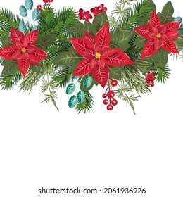 Composición floral vectorial navideña con ramas de cono de invierno y bayas. Diseño moderno para carteles de invitación de vacaciones, tarjeta de saludo de banner, impresión de embalaje de postales.