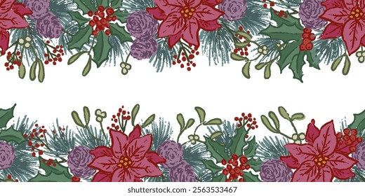 Christmas vector floral horizontal arranging with spruce, pine cones, poinsettia, mistletoe, holly and red berries