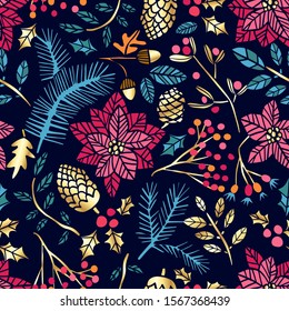 Christmas vector floral seamless pattern. Winter hand drawn christmas background isolated on black