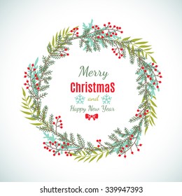 Christmas vector floral wreath with leaves and berries. Design for invitation or greeting cards