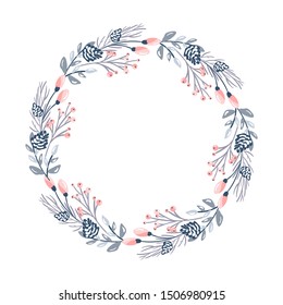 Christmas vector flower wreath and red berries on evergreen branches with place for text. Isolated xmas illustration for greeting card