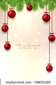 Christmas Vector Flyer With Christmas Toys And Fir Twigs. Elegant Vector Template Of Card For Christmas.
