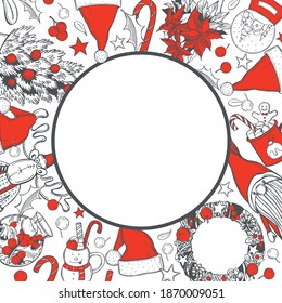 Christmas vector frame with hand drawn elements.  Sketch  illustration.  