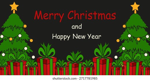 Vetor de Natal Quadro. Árvore de Natal desenhada à mão e caixa de presente vermelha Quadro com texto de feriado. Feliz Ano Novo web banner layout. Traço editável EPS10
