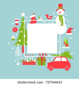 Christmas vector frame with snowman, car and Christmas tree.