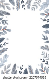 Christmas vector frame. Winter postcard in flat cartoon style. Happy new year. Botanical border with blue fir branches, leaves, berries. Perfect for invitations, home decor, print, postcards