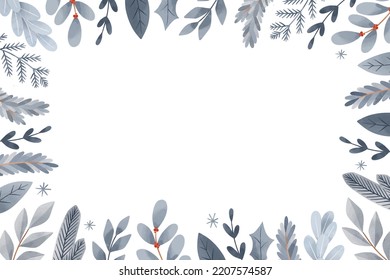 Christmas vector frame. Winter postcard in flat cartoon style. Happy new year. Botanical border with blue fir branches, leaves, berries. Perfect for invitations, home decor, print, postcards