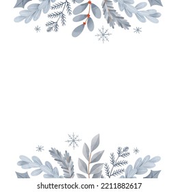 Weihnachtsvektorrahmen. Winterpostkarte im Stil eines flachen Cartoons. Schönes neues Jahr. Botanische Grenze mit blauen Tannenzweigen, Blättern, Beeren. Perfekt für Einladungen, Innendekoration, Druck, Postkarten