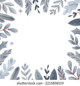 Christmas vector frame. Winter postcard in flat cartoon style. Happy new year. Botanical border with blue fir branches, leaves, berries. Perfect for invitations, home decor, print, postcards