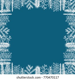 Christmas vector framework, holiday greeting card background, template of fir pine tree branch frame decoration. 