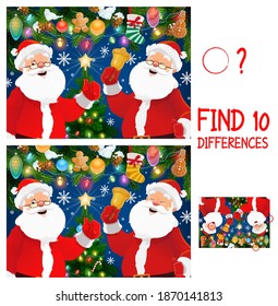 Christmas Vector Game Of Find Or Spot Differences With Santa Cartoon Characters. Children Education Mind Game, Puzzle Or Worksheet Template With Claus, Christmas Tree And Bell, Xmas Stocking And Snow