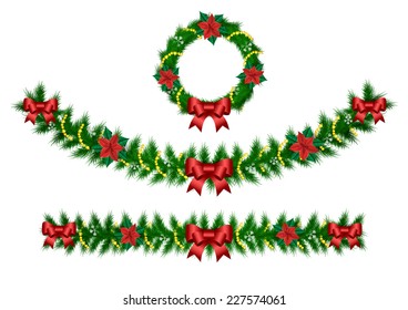 Christmas vector garland from needles, lights, ribbons and christmas roses