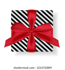 Christmas vector gift box and  with red bow and ribbon  isolated on white background.  realistic present box for greeting card, banner, poster. Top view