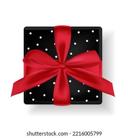Christmas vector gift box and  with red bow and ribbon  isolated on white background.  realistic present box for greeting card, banner, poster. Top view