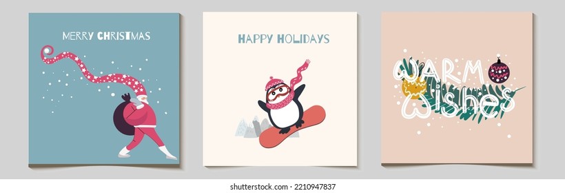 Christmas vector gift card or tag set with hurrying Santa, snowboarding penguin, arrangement with warm wishes lettering, lettering merry christmas, happy holidays.