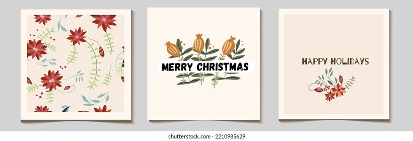 Christmas vector gift card or tag set poinsettia composition, with merry christmas, happy holidays lettering.