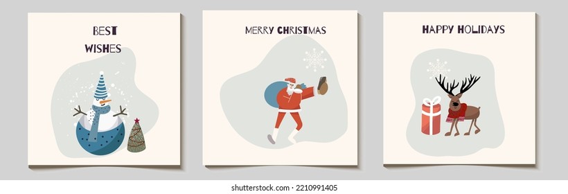 Christmas vector gift card or tag set, funny santa with a bag of gifts makes a selfie, a snowman, a deer in a scarf, with inscriptions merry christmas, best wishes.