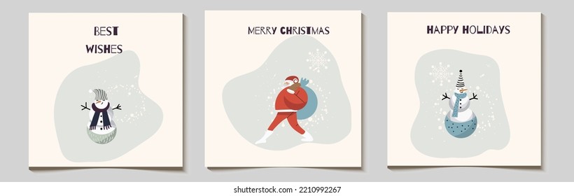 Christmas vector gift card or tag set, funny santa with a bag of gifts hurry, go, snowmen, with inscriptions merry christmas, best wishes, happy holidays.