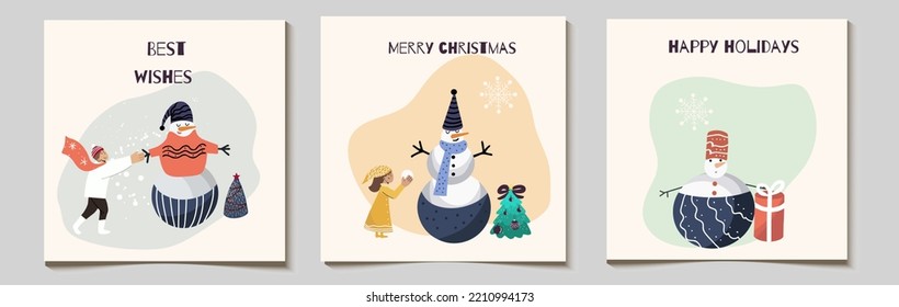 Tarjeta de regalo vectorial de Navidad o juego de etiquetas, niños jugando con hombres de nieve, herringbone, árbol de abetos, árbol de navidad, con inscripciones navideñas alegres, mejores deseos.
