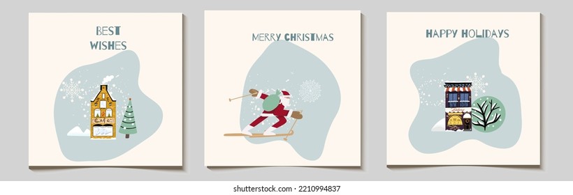 Christmas vector gift card or tag set, Santa rides on skis, with a bag of gifts, snow covered village houses, sweet home, with inscriptions merry christmas, best wishes.