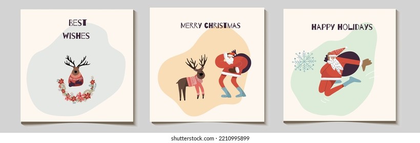 Christmas vector gift card or tag set, Santa bouncing, sporty, deer in sweater, poinsettia flowers semicircular wreath, with merry christmas, best wishes lettering.