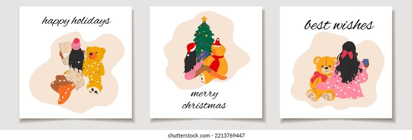 Christmas vector gift card or tag set Girls that are sits with a teddy bear wrapped in a garland near the Christmas tree merry christmas lettering, best wishes.